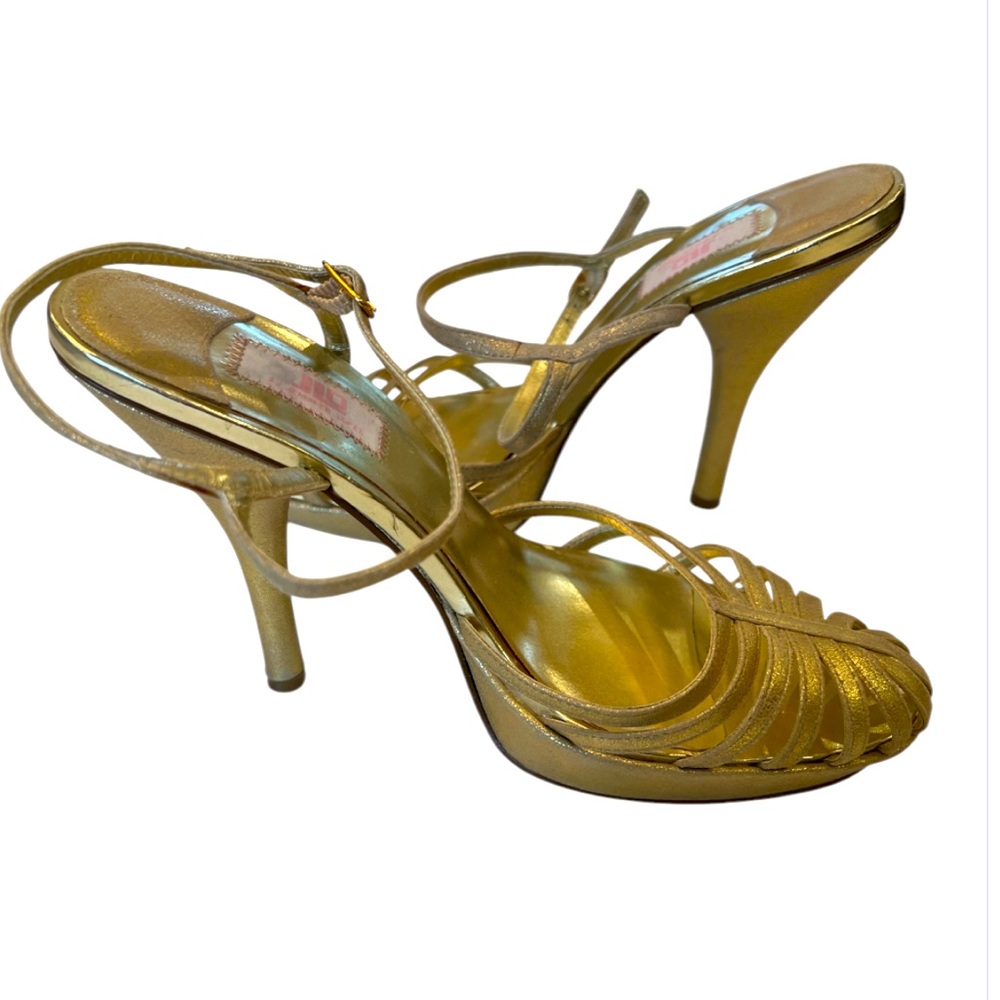 Gold strappy leather heels